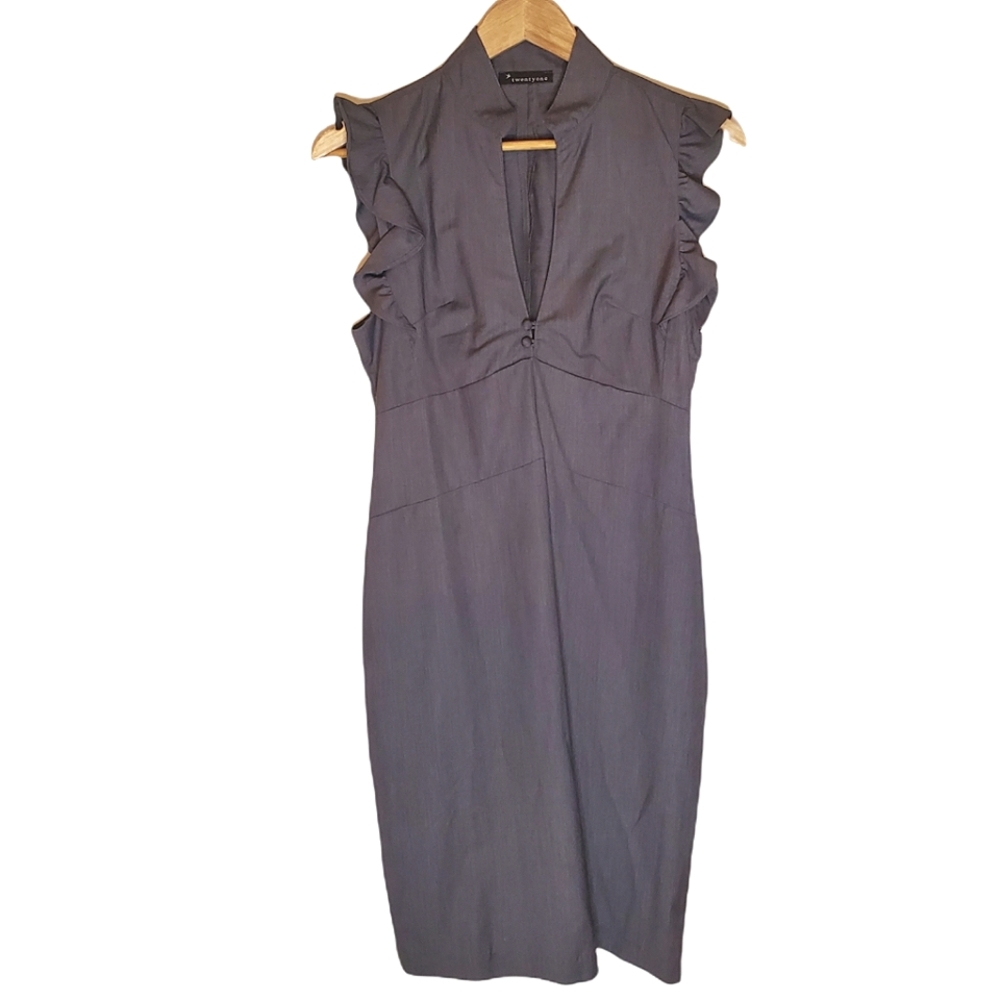 Gray Ruffle Sleeve V-Neck Dress